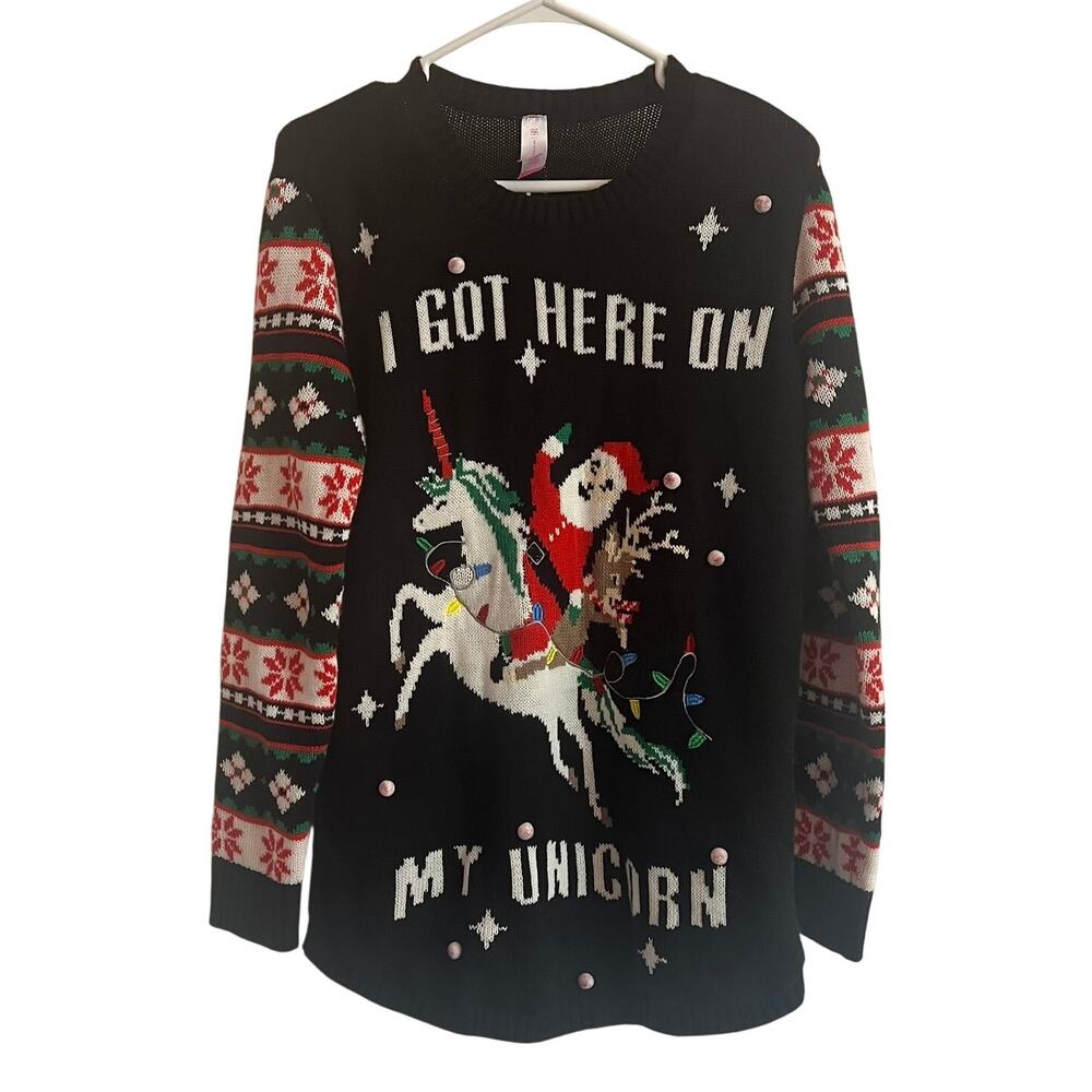 No Boundaries Women's Unicorn Santa Holiday Christmas Knit Sweater Sz XL Unisex
